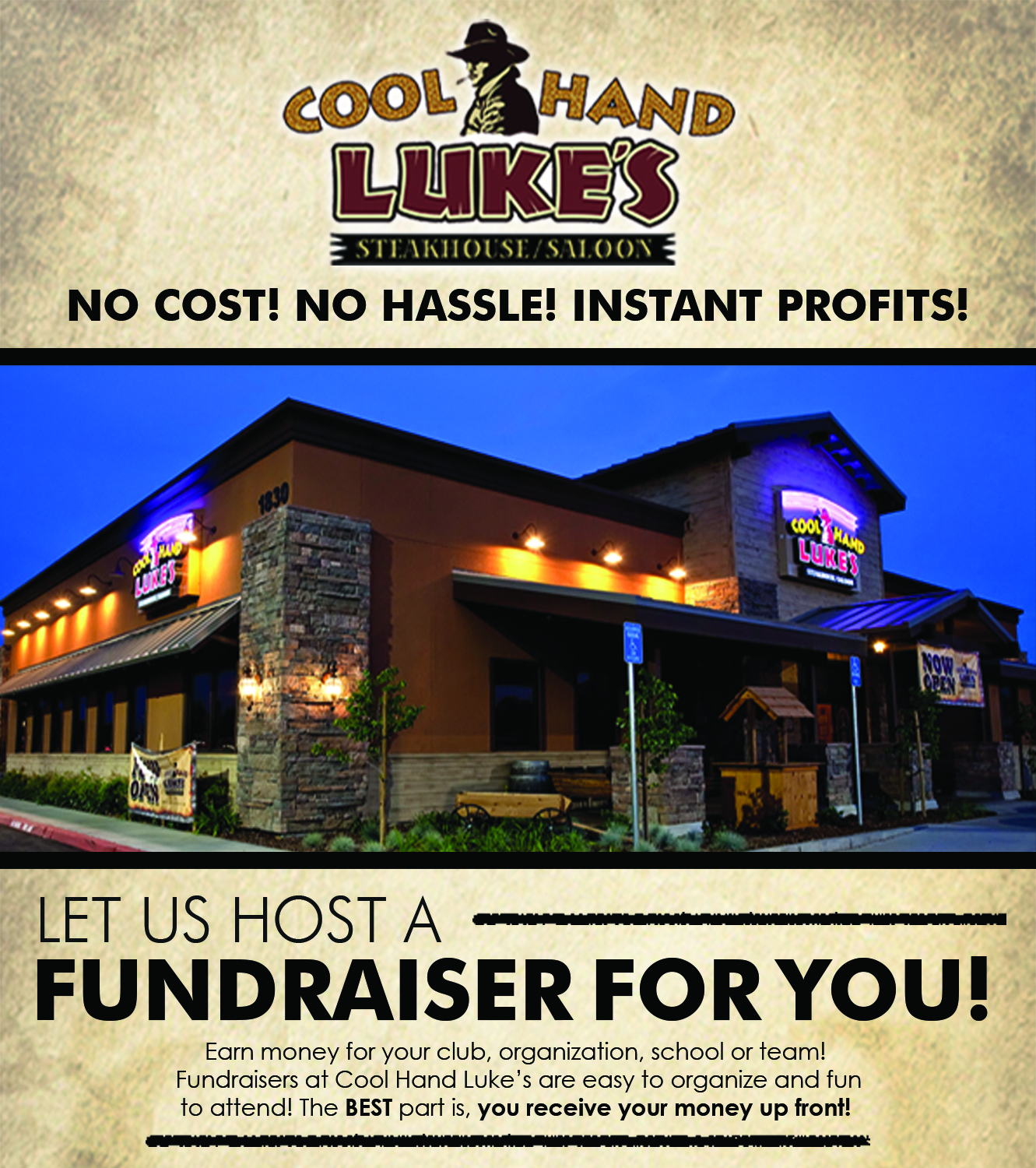 A Cool Hand Luke's branded image that promotes hosting fundraisers for you